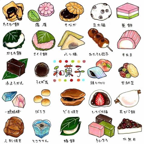 Japan Dessert, Japanese Food Illustration, Materi Bahasa Jepang, Japanese Street Food, Basic Japanese Words, 귀여운 음식 그림, Food Sketch, Food Illustration Art, Cute Food Drawings