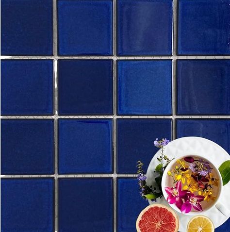 Premium Quality 3x3 Cobalt Blue Square Pattern Porcelain Mosaic Floor Wall Tile on Mesh Mounted for Kitchen Backsplash, Pool Tile, Bathroom Shower, Accent Decor (5 Sheets) - Amazon.com Royal Blue Tile Bathroom, Blue Kitchen Tile Backsplash, Blue Tile Backsplash Kitchen, Blue Kitchen Tiles, Blue Bathroom Tile, Patterned Tile Backsplash, Blue Backsplash, Mosaic Floor, Study Inspo