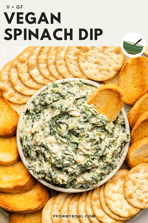 This Vegan Spinach Dip is truly the BEST EVER. It tastes exactly like the original, but without the animal products. Bring it to your next event to wow your family and friends! Gluten-Free, Oil-Free option. Spinach Dips, Spinach Dip Bread Bowl, Vegan Spinach Dip, Dairy Free Dips, Dairy Free Recipes Dinner, Vegan Spinach, Vegan Cream Cheese, Holiday Meals, Dash Diet