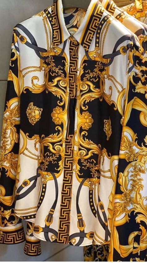 Gold Outfits Men, Gold And White Outfit, Gold Outfits, Mens Eye Glasses, Versace Shirts, Mens Smart Casual Outfits, Fancy Shirt, Versace Style, Printed Shirts Men