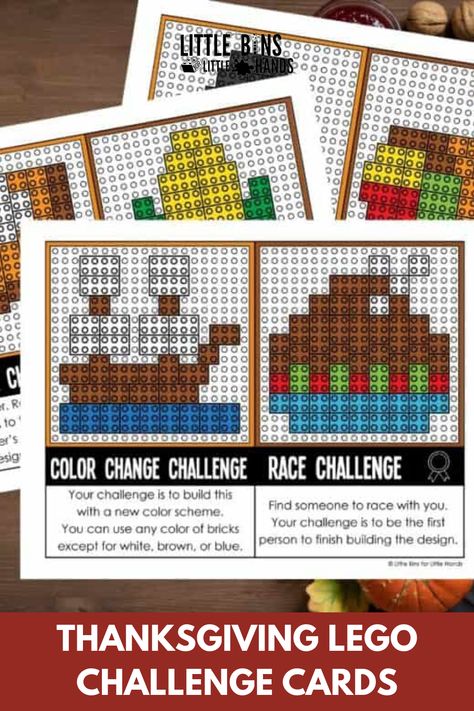 Thanksgiving turkey theme LEGO challenge cards are the perfect way to breathe new life into your building challenges this November! STEM, LEGO, bricks, and holidays match perfectly together for fun challenges to go along with the changing seasons. These printable Thanksgiving LEGO task cards are the way to go whether you’re in the classroom or at home! LEGO activities are perfect all year round! November Lego Challenge, Lego Building Cards Free Printable, Lego Turkey, Lego Challenge Cards, I Spy Thanksgiving, Printable Thanksgiving Activities, Stem Challenge Cards, November Stem, Lego Stem Challenge