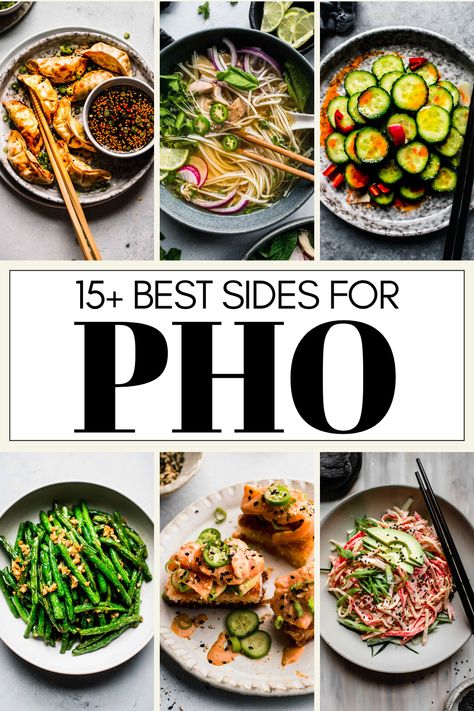 Wondering what to serve with Vietnamese Pho for dinner? Look no further! Here's a list of 15+ tasty side dishes for pho! These recipes are all quick, easy and delicious. Side Dishes For Pho, Hot Pot Sides, Pho Bar Party, Vietnamese Side Dishes, Pho Party, Vietnamese Party Food, Chardonnay Food Pairing, Udon Recipe, Homemade Stir Fry