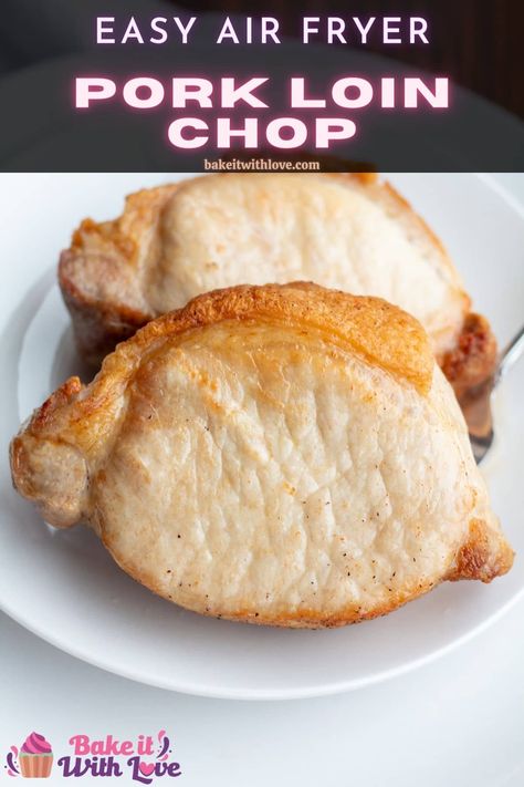 Juicy air fryer pork loin chops served on white plate with wooden background. Air Fry Pork Loin Chops, Pork Loin Chops In Air Fryer, Pork Loin Chops Recipes Boneless Air Fryer, Boneless Pork Loin Chops Air Fryer, Pork Loin Centre Chops Recipe, Air Fryer Pork Loin, Pork Loin Chops Recipes, Bbq Pork Loin, Boneless Pork Loin Chops