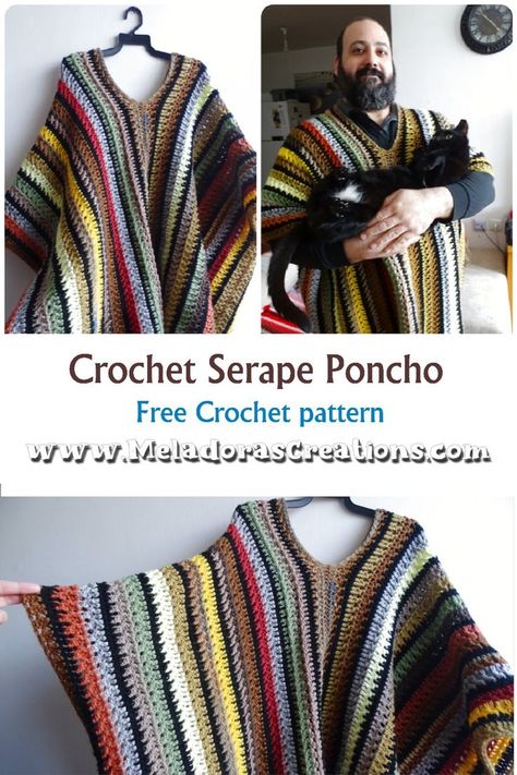 Crochet Serape Poncho – Free Crochet Pattern Crochet Serape, Mens Poncho, Crochet Men, Baby Cardigan Pattern, Crochet Poncho Free Pattern, Crochet Cape, Poncho Crochet, Crochet Baby Cardigan, Crochet Poncho Patterns