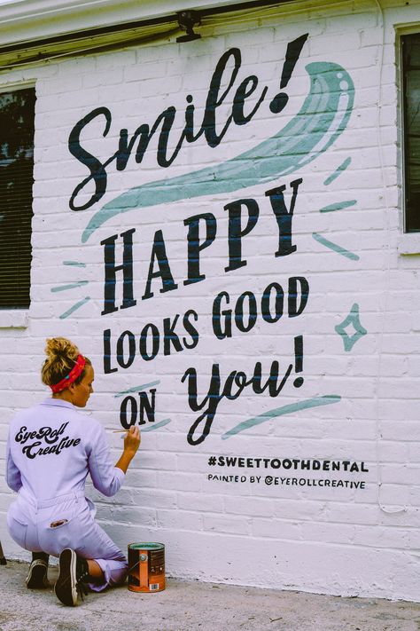 Sweet Tooth Dental: Exterior Mural Dental Mural Art, Selfie Wall Dental Office, Dental Office Quotes, Dental Selfie Wall, Pediatric Dental Office Design Interiors, Dental Office Signs Outside, Dental Clinic Sign Board Design, Dental Office Art, Dental Mural