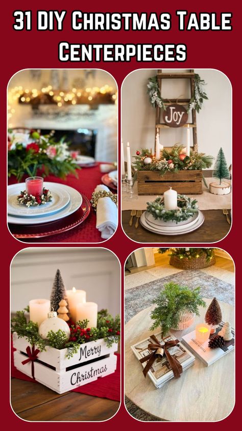 A festive table decorated with a DIY Christmas centerpiece featuring candles, pinecones, evergreen branches, and ornaments, creating a warm holiday atmosphere. Round Christmas Centerpiece Ideas Table, Gift Box Centerpiece Ideas Christmas, Christmas Table Wreath Centerpiece, Christmas Rustic Centerpieces, Christian Christmas Table Centerpieces, Rustic Easy Diy Christmas Centerpieces For Table, Christmas Table Centerpieces For Home, Christmas Centerpieces Diy Rustic, Christmas Tree Centerpieces For Table