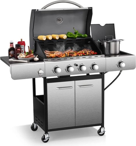 Joy Pebble Gas Grill 4 Burners Cabinet Liquid Propane Grill With Side Burner，42,000BTU Outdoor Cooking Stainless Steel BBQ Grills，Silver Barbecue Camping, Garden Barbecue, Grilling Sides, Propane Grill, Propane Gas Grill, Iron Grate, Stainless Steel Bbq, Barbecue Party, Stainless Steel Grill