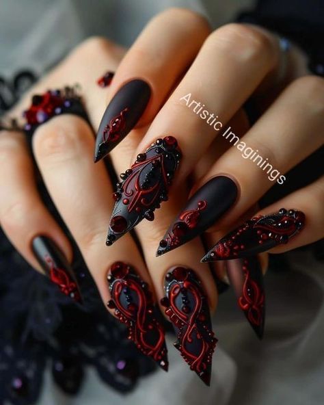 Goth Wedding Nails, Fall Nail Art Ideas, Gothic Baroque, Vampire Nails, Stylish Nail Art, Witchy Nails, Gothic Nails, Fall Nail Art Designs, Leaf Patterns