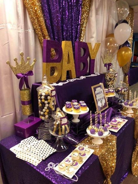 It’s a Girl | CatchMyParty.com Royal Baby Shower Theme Girl, Royal Baby Shower Theme Boy, Royalty Baby Shower Theme, Purple And Gold Baby Shower, Purple Baby Shower Theme, Royal Baby Shower Theme, Royal Baby Shower Boy, Royalty Baby Shower, Boy Baby Shower Ideas