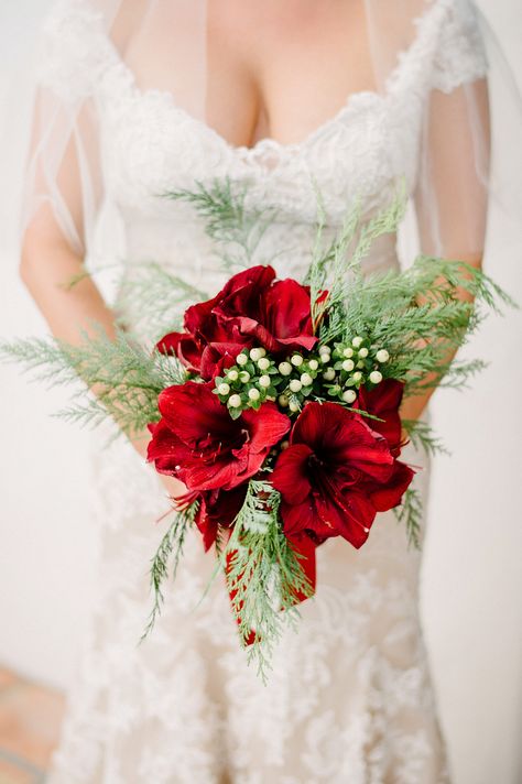 Christmas-Inspired Red Amaryllis Bouquet Amaryllis Wedding Bouquet, Amaryllis Bouquet, Amaryllis Christmas, Christmas Wedding Bouquets, Christmas Wedding Flowers, Red Amaryllis, Winter Wedding Bouquet, Christmas Bouquet, Bridal Makeup Wedding