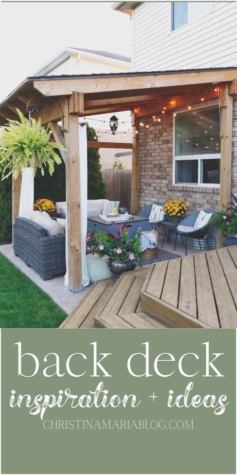 back deck ideas and inspiration Deck And Patio Combo Ideas Backyards, Deck Into Patio Ideas, Small Deck Off Back Door Patio, Garden Setup Ideas Backyards, Styling Decking Area, Blackstone Deck Ideas, Side House Patio, Back Deck And Patio Ideas, Back Patio Layout Ideas