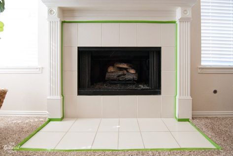 Painted Tile Fireplace, Paint Fireplace Tile, Updated Fireplace, Fireplace Restoration, Tile Fireplace Surround, Tile Around Fireplace, Fireplace Painting, Fireplace Tiles, Fireplace Redo