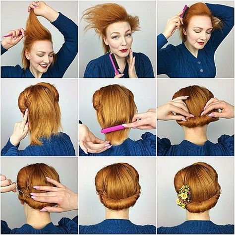 How to get a 1940's hairstyle, back roll hairstyle in a few easy and simple steps. Vintage Hairstyle Inspiration #1940s #1940shair #vintagehairstyle #hairstyle #hair  Check out some of the pins on our profile, we'd love to get your feedback! We've got a flash discount running for 70% off! ❤️ Cabelo Pin Up, Vintage Updo, 40s Hairstyles, 1940s Hairstyles, Roll Hairstyle, Rockabilly Hair, Pin Up Hair, Athletic Hairstyles, Penteado Cabelo Curto