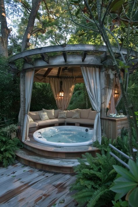 A luxury hot tub gazebo can transform your backyard into an oasis of relaxation and fun. Gazebos not only provide shade and shelter, but they add style and elegance to your outdoor space. Boho Hot Tub Area, Round Hot Tub Surround Ideas, Enclosed Hot Tub Ideas Backyard, Hot Tub Ideas Backyard Patio, Outdoor Gazebo Ideas Decor, Backyard Jacuzzi Ideas Patio, Hot Tub Garden Ideas, Outdoor Jacuzzi Ideas, In Ground Hot Tub