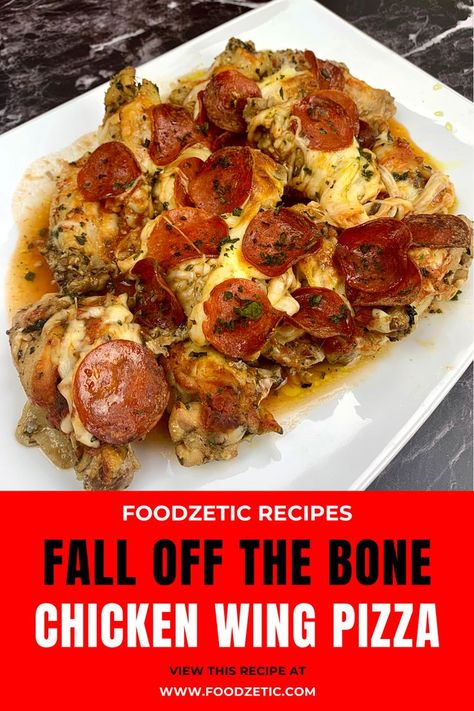 Fall Off The Bone Chicken Wing Pizza! Chicken Wing Pizza, Fall Off The Bone Chicken, Oven Chicken Wings, Wings In The Oven, Basil Chicken, Chicken Wing, I Love Me, Chicken Wing Recipes, Pizza Recipe