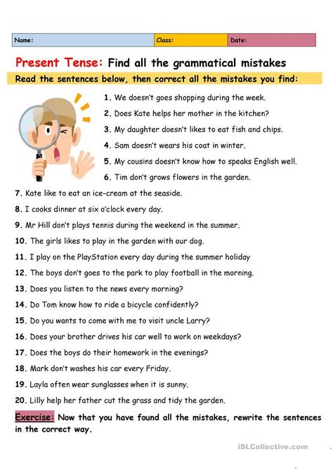 Present Simple: Find All the Grammatical Mistakes - English ESL Worksheets for distance learning and physical classrooms Simple Present Tense Worksheets, Simple Present Tense, Teaching English Grammar, Grammar Mistakes, Literacy Games, English Grammar Worksheets, Grammar Practice, English Worksheets For Kids, Present Tense