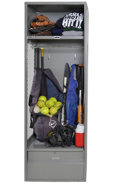 Have a baseball player at your house? Our Baseball Lockers can help organize all of their gear and get them ready for their next big game. #blogpost #lockers #sportslockers #baseballlockers #baseball #storage #organization Baseball Storage Ideas Sports Equipment, Baseball Equipment Organization, Baseball Bag Storage Garage, Garage Baseball Organization, Baseball Organization Ideas, Baseball Storage Ideas, Baseball Equipment Storage, Baseball Gear Storage, Baseball Locker Decorations