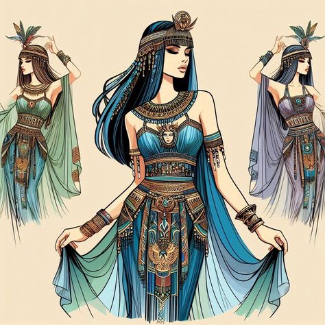 ✨👑 Cleopatra Designs 👑✨ Discover the magic and splendor of the most iconic queen of ancient Egypt with these incredible designs inspired by Cleopatra. 🌟 Each dress captures the essence of her majesty and elegance, transporting you to an era of luxury and power. From golden, jewel-adorned outfits to soft, flowing fabrics that reflect the Nile, each look is a tribute to Cleopatra's beauty and intelligence. 💫 Let these designs wrap you in their timeless charm and feel the majesty of a true que... Ancient Egypt Dress, Cleopatra Outfit, Beauty And Intelligence, Egypt Clothing, Egyptian Outfit, Egypt Dress, Egyptian Clothes, Egyptian Tattoos, Egyptian Hairstyles