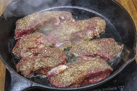 Herb-Crusted Elk Backstrap How To Cook Deer Backstrap, How To Cook Deer Back Strap, Elk Backstrap Marinade, Elk Backstrap, Pan Fried Venison Backstrap, Herb Seasoning, Wild Game, Wild Game Recipes, How To Dry Rosemary