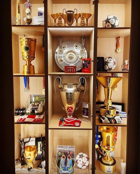 Trophy Display Shelves, Sports Medal Display, Trophy Display Case, Football Displays, Comic Book Storage, Corner Display Cabinet, Trophy Display, Football Trophies, Trophy Case