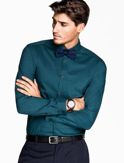 Teal shirt with bow-tie by H Teal Button Up Shirt Outfit Men, Teal Mens Outfit, Teal Shirt Outfits Men, Teal Shirt Outfit, Blue Black Suit, Blue Shirt Outfit Men, Tie Outfits Men, Emerald Green Shirt, Green Shirt Outfits