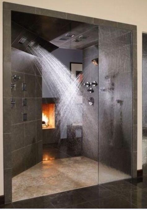 Couples shower with nearby fireplace Drømme Bad, Dream Shower, Dream Bathrooms, Shower Remodel, Dream Bathroom, Style At Home, Home Interiors, Dream Rooms, Beautiful Bathrooms