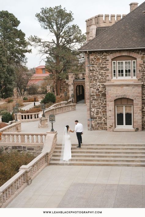 Bride and Groom walk up the steps at Highlands Ranch Mansion near Denver Colorado. Photos by Leah Black Photography. Colorado Springs Wedding Venues, Denver Wedding Venues, Colorado Castle, Wedding Venues Castle, Wedding Lake Como, Scottish Castle Wedding, European Style Wedding, Wedding Venues Colorado, Ranch Mansion