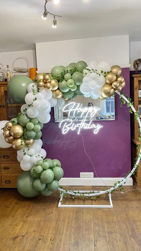 Eucalyptus, White and Chrome Gold Balloon Garland on Round Frame May Birthday Party Themes, Unique Birthday Decoration Ideas At Home, Birthday Decoration Ideas At Home, Birthday Decor Ideas, Birthday Celebration Ideas, Birthday Celebration Decorations, Happy Birthday Decoration, Birthday Decorations At Home, 16th Birthday Decorations