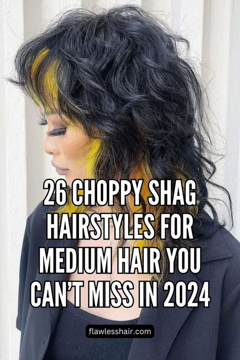 Messy Shag With Peekaboo Highlights Shag Mullet Wavy Hair Medium, Shag Hair Ponytail, Classy Shag Haircut, Edgy Mid Length Hair, Medium Length Choppy Hair, Scene Haircuts Medium, Edgy Hair Color 2024, Choppy Edgy Hair, Grungy Haircuts