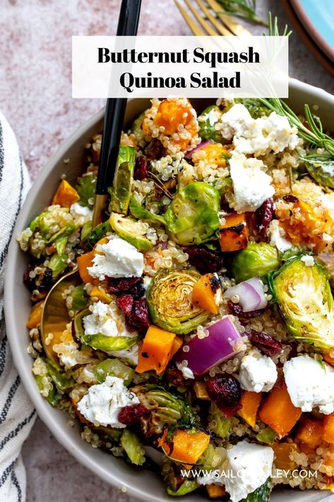 Maple roasted butternut squash and brussel sprout quinoa salad. A side dish or healthy lunch full of fall flavor. via @sailor_bailey Roasted Butternut Squash And Brussel, Parmesan Crusted Brussel Sprouts, Crusted Brussel Sprouts, Bailey Recipes, Squash Quinoa Salad, Butternut Squash Quinoa Salad, Squash Quinoa, Sailor Bailey, Butternut Squash Quinoa