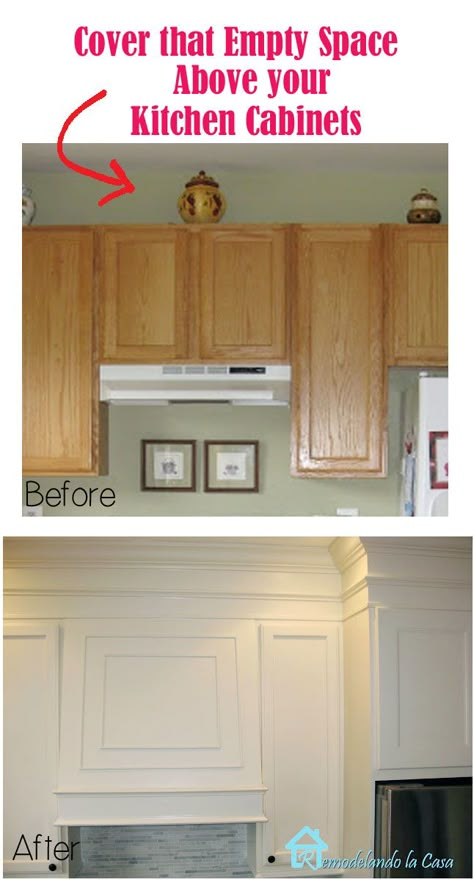 How to close the space above the kitchen cabinets with MDF and moldings...add colored strips Above The Kitchen Cabinets, Kitchen Cabinets Before And After, Space Above Kitchen Cabinets, Casa Disney, Casa Clean, Above Kitchen Cabinets, Oak Kitchen Cabinets, Kitchen Cabinets Makeover, Oak Kitchen