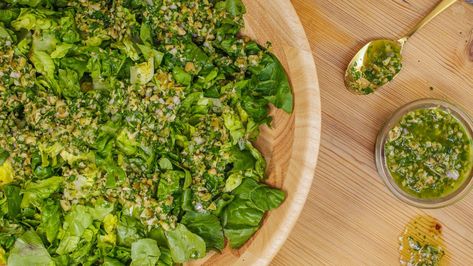 This simple, super-tasty dressing is easy to make in a blender, and the perfect finish for good green-leaf lettuce such as gem. Olive Dressing Recipe, Hemp Dressing, Green Olive Salad, Jalapeño Ranch, Cucumber Dressing, Avocado Ranch Dressing, Rachael Ray Recipes, Olive Salad, Cucumber Avocado