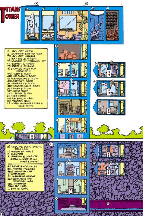 Teen Titans Tower, Titan Tower, Blueprint Art, George Perez, Kid Flash, Teen Titan, Dc Comics Superheroes, Comic Book Artwork, Teen Titans Go