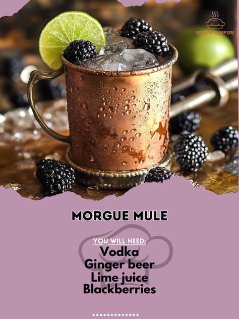 🍹 "Morgue Mule—this spooky twist on a classic mule is perfect for Halloween. Dare to try it? 👻🍹 #MorgueMule #HalloweenCocktails" Morgue Mule Ingredients: Vodka (1 1/2 oz) Ginger beer (4 oz) Lime juice (1/2 oz) Blackberries (for garnish) Ice cubes (as needed) Instructions: Fill a glass with ice. Add vodka and lime juice. Top with ginger beer. Garnish with blackberries. 👻 "Savor the spooky vibes with Morgue Mule—a Halloween twist on a classic mule that’s both eerie and refreshing. Cheers! 🍹... Halloween Moscow Mule, Halloween Mule, Frosted Blackberry Mule, Spooky Moscow Mule, Huckleberry Mule, Bartender Drinks Recipes, Bartender Drinks, Mule Cocktail, Mule Recipe