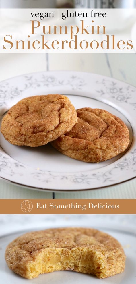 Pumpkin Snickerdoodle Cookies - Eat Something Delicious Pumpkin Snickerdoodle Cookies, Gluten Free Pumpkin Cookies, Snickerdoodle Cookies Easy, Vegan Pumpkin Cookies, Pumpkin Snickerdoodles, Dairy Free Pumpkin, Vegan Baking Recipes, Cookies Gluten Free, Eat Something