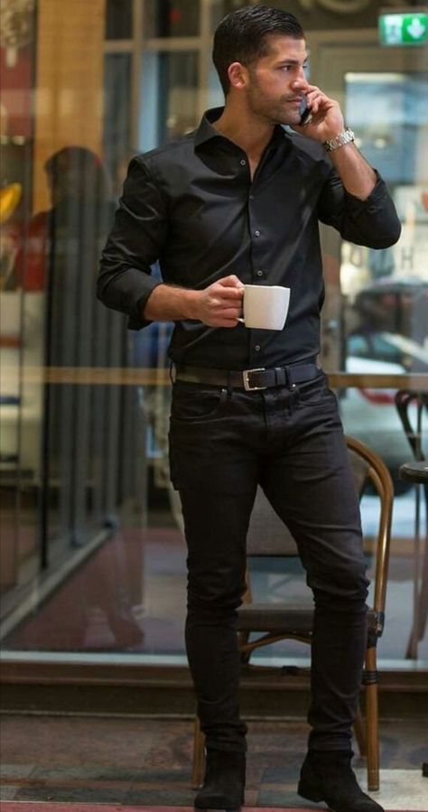 Button Up Shirt Outfit Mens Formal, Men’s Black Button Down Shirt Outfit, Mens Black Button Up Outfit, All Black Western Outfit Men, Mens Black Button Down Shirt Outfit, Modern Detective Outfit Men, Architect Outfit Man, Black Button Up Shirt Outfit Men, Bar Outfit Night Men