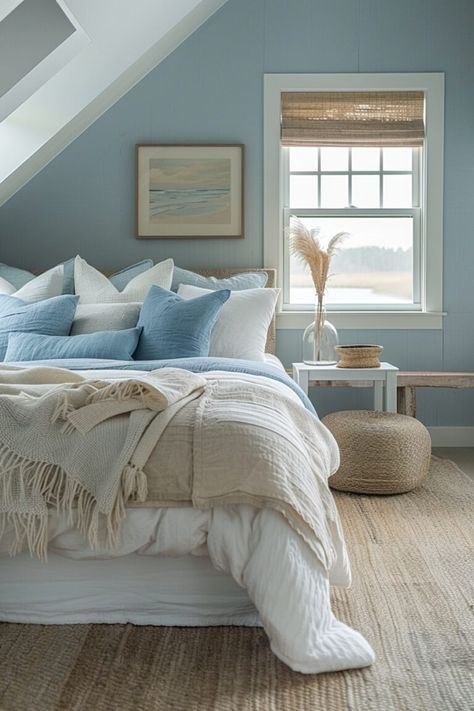 29 Minimal Blue Bedroom Ideas to Refresh Your Home - My Elegant Home Sea Blue Bedroom, Uncluttered Bedroom, Pale Blue Bedrooms, Baby Blue Bedrooms, Nyc Room, Calm Bedroom, Costal Bedroom, Calm Coastal, Light Blue Bedroom