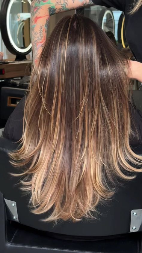 balayagehair Long Brown Hair Blonde Balayage, Balayage Ombre Hair Blonde, Blond Brunette Hair Balayage, Brown To Blonde Hair Balayage, Honey Hair Balayage, Balayage Hair On Dark Hair, Brown Balayage Hair Caramel, Blonde And Brown Balayage, Brunette To Blonde Balayage Hair