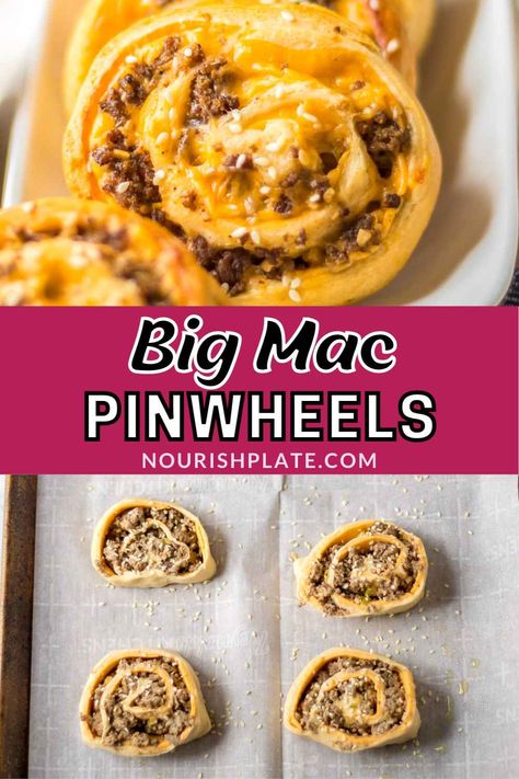 Big Mac Pinwheels or Beef Roll Ups are crowd-pleasing appetizers that are very easy to make! Perfect for parties, gatherings and potlucks. Hamburger Appetizers, Easy Summer Party Food, Christmas Party Appetizers, Cheap Party Food, Beef Appetizers, Pinwheels Recipe, Summer Food Party, Christmas Appetizers Party, Pinwheel Recipes