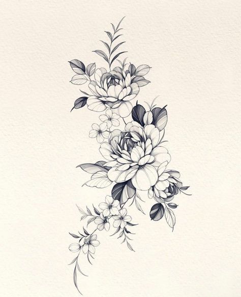 Side Flower Tattoo, Positivity Tattoo, Peony Flower Tattoos, Peony Drawing, Easy Tattoo, Tattoo Session, Rose Flower Tattoos, Floral Thigh Tattoos, Flower Tattoo Drawings