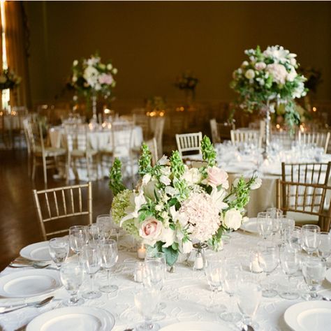 Gold and white and high and low centerpieces. Minimalist Wedding Reception, Gold Reception, Gold Wedding Reception, Round Table Decor, Ideas Bodas, Pink And White Weddings, Low Centerpieces, Pink And Gold Wedding, Gold Wedding Theme