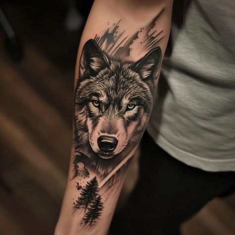 Wolf Shoulder Tattoo Men, Wolf Tattoo Design Men Arm, Wolf Tattoo Sketch, Dire Wolf Tattoo, Half Sleeve Tattoos Wolf, Reflection Tattoo, Wolf Tattoo Forearm, Howling Wolf Tattoo, Lone Wolf Tattoo