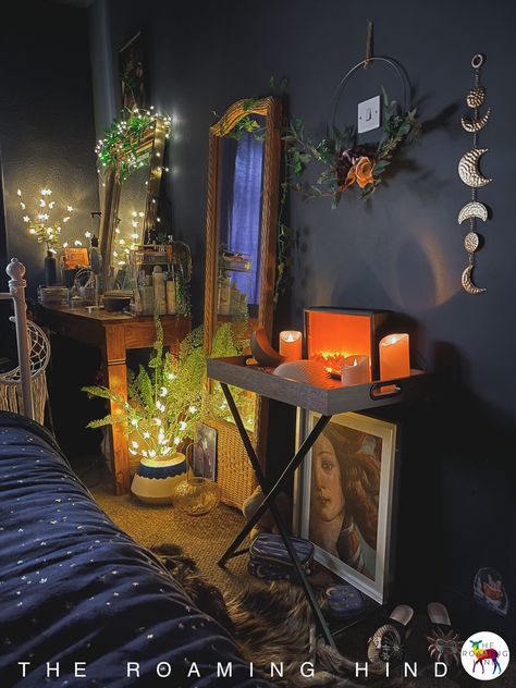 Celestial Apartment Decor, Cosmic Bedroom Aesthetic, 90s Celestial Bedroom, Dark Dopamine Decor, Dopamine Home Decor, Diy Celestial Decor, Celestial Aesthetic Decor, Celestial Interior Design, Dark Fairy Bedroom