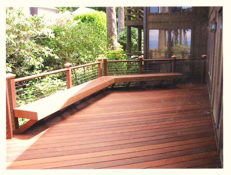 cable railing with benches | Ipe Deck with Built in Bench and Cable Rail Christmas Bench, Deck Bench Seating, Arbor Ideas, Backyard Decks, Deck Bench, Curved Pergola, Deck Seating, Seating Design, Patio Deck Designs