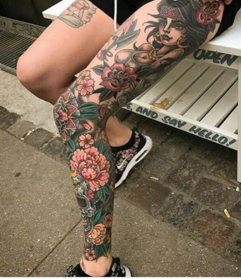 Neotraditional Tattoo Leg Sleeve, Neotraditional Leg Tattoo, Neotraditional Leg Sleeve, Traditional Leg Sleeve, Traditional Tattoo Leg Sleeve, Thigh Tattoo Ideas, Traditional Tattoo Inspiration, Full Leg Tattoos, Tattoo Ideas Inspiration