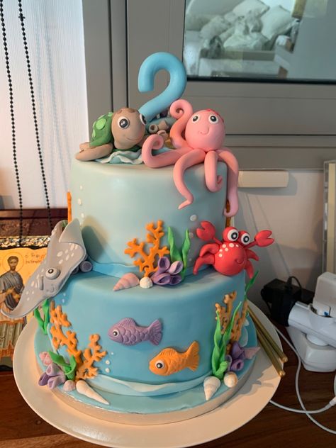 Fondant covered cake Sea Animals Birthday Cake, Underwater Themed Cake, Under The Sea 1st Birthday Cake, Fondant Sea Creatures, Sea Creature Birthday Cake, Sea Animal Birthday Cake, Underwater Cake Ideas, Sea Animals Birthday Party Ideas, Under The Sea Cake Boy