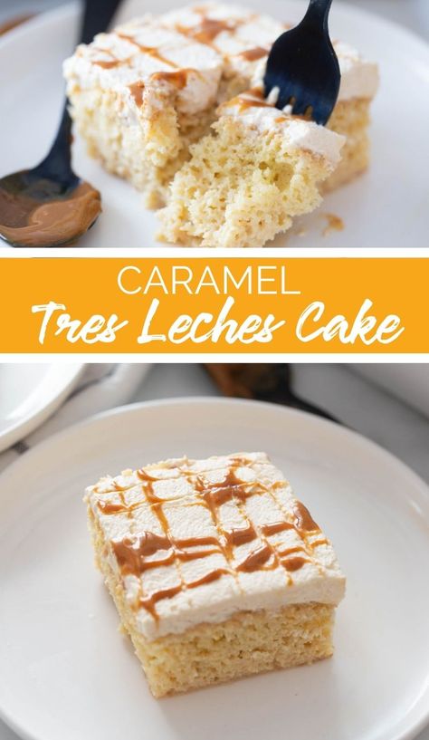 Whether you're hosting a dinner party or simply want to indulge in a slice of heaven, this Caramel Tres Leches Cake is sure to impress. via @familyfresh Almond Tres Leches Cake, Tres Leches Cake Carmel, Caramel Tres Leches Cake Recipe, Mexican Desserts Party, Tres Leches Cake Recipe Easy, Caramel Tres Leches Cake, Tres Leches Recipe, Hosting A Dinner Party, Tres Leches Cake Recipe