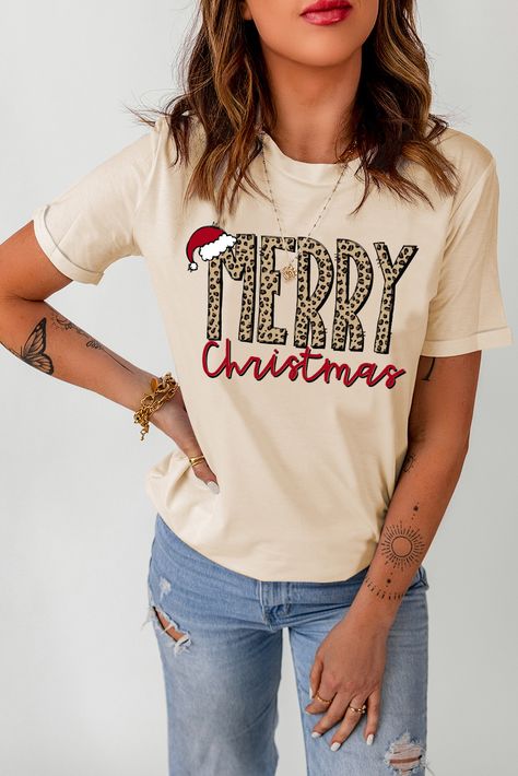 $5.57 Khaki MERRY Christmas Hat Print Crew Neck Graphic Tee, Graphic Tees Wholesale Brave Kids, Lisa Fischer, Hat Print, Holiday Wardrobe, Christmas Lettering, Comfort Colors Tee, Christmas Hat, Christmas T Shirt, Basic Style