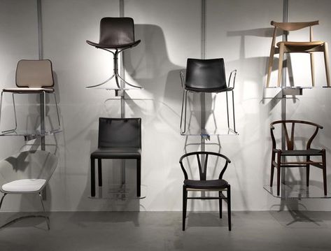 uh yes. Chair On Wall Display, Furniture Exhibition Design Display, Chairs On Wall Display Shelves, Fashion Show Seating, Chair Display, Chair Exhibition Display, Chair Display Showroom, Chair Exhibition, Architectural Shelving