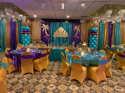 Aladin Theme Party Decoration, Princess Jasmine Quinceanera Theme, Princess Jasmine Sweet 16, Jasmine Quinceanera Theme, Aladdin Quinceanera Theme, Jasmine Party Decorations, India Party Decorations, Arabian Theme Party, Princess Jasmine Cake